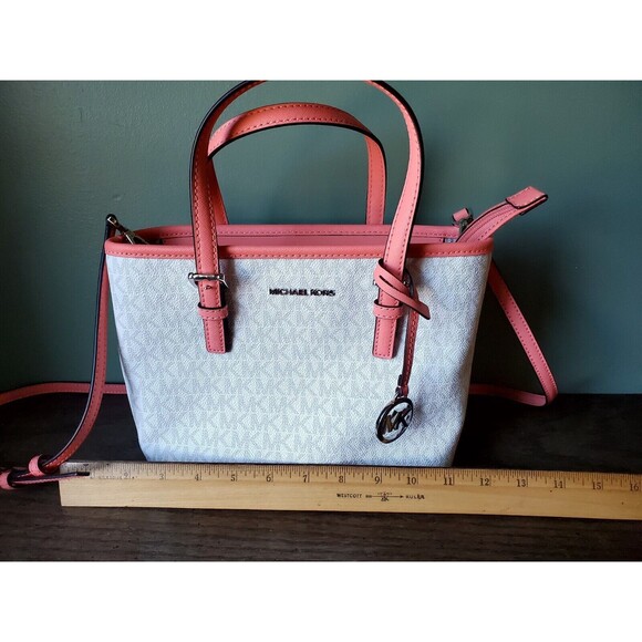 Michael Kors Jet Set Travel Extra-Small Logo Top-Zip Tote Bag Dark Pink Coral - Picture 11 of 12